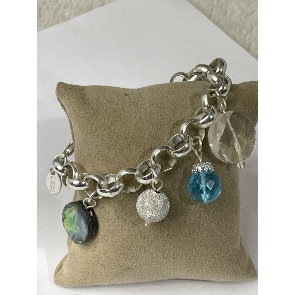 Signed George Beaded Silver tone Abalone Glass Blue Charm Bracelet  7.25 in